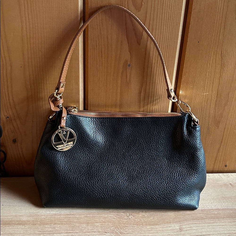 Valentina‎ Black Pebbled Leather Compartment Crossbody Shoulder Bag Purse
